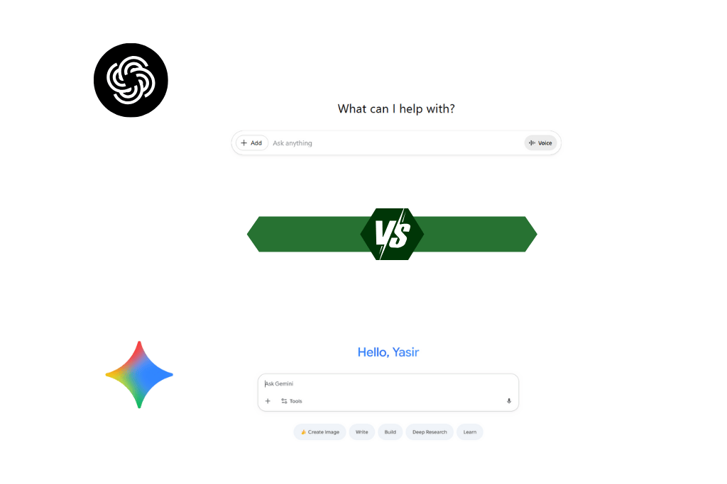 A split-screen comparison showing the user interfaces of OpenAI's ChatGPT and Google Gemini, with a green "VS" banner in the middle. ChatGPT's interface is shown above with its logo, and Gemini's interface (addressed to "Hello, Yasir") is below with its star logo.