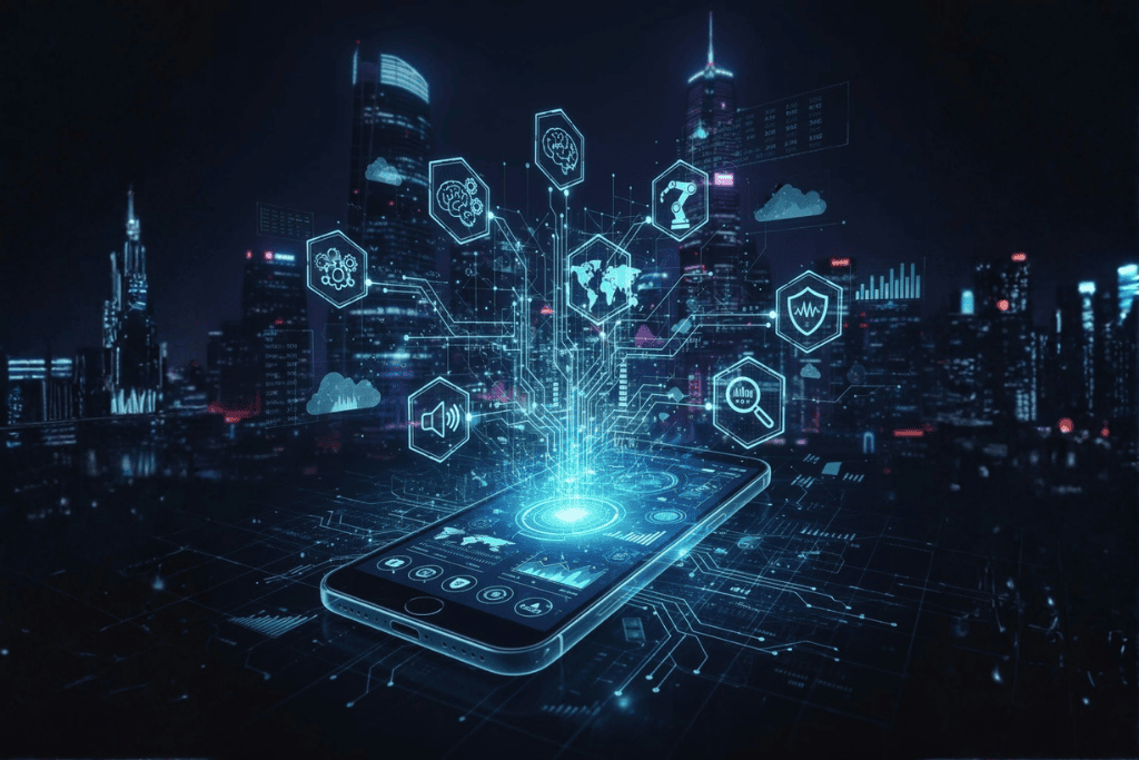 A smartphone at the center of a glowing digital network, surrounded by AI and tech icons, representing the transformation of banking in a futuristic city.
