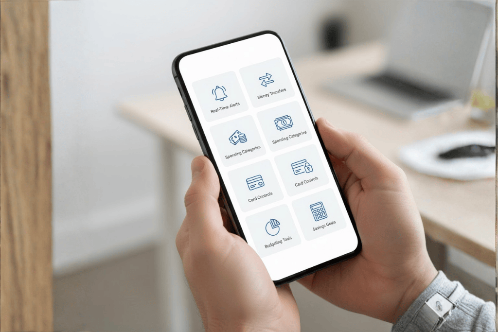 A mobile phone showing a digital banking app's main functionalities: real-time alerts, money transfers, spending categories, card controls, budgeting tools, and savings goals, presented as a grid of icons.