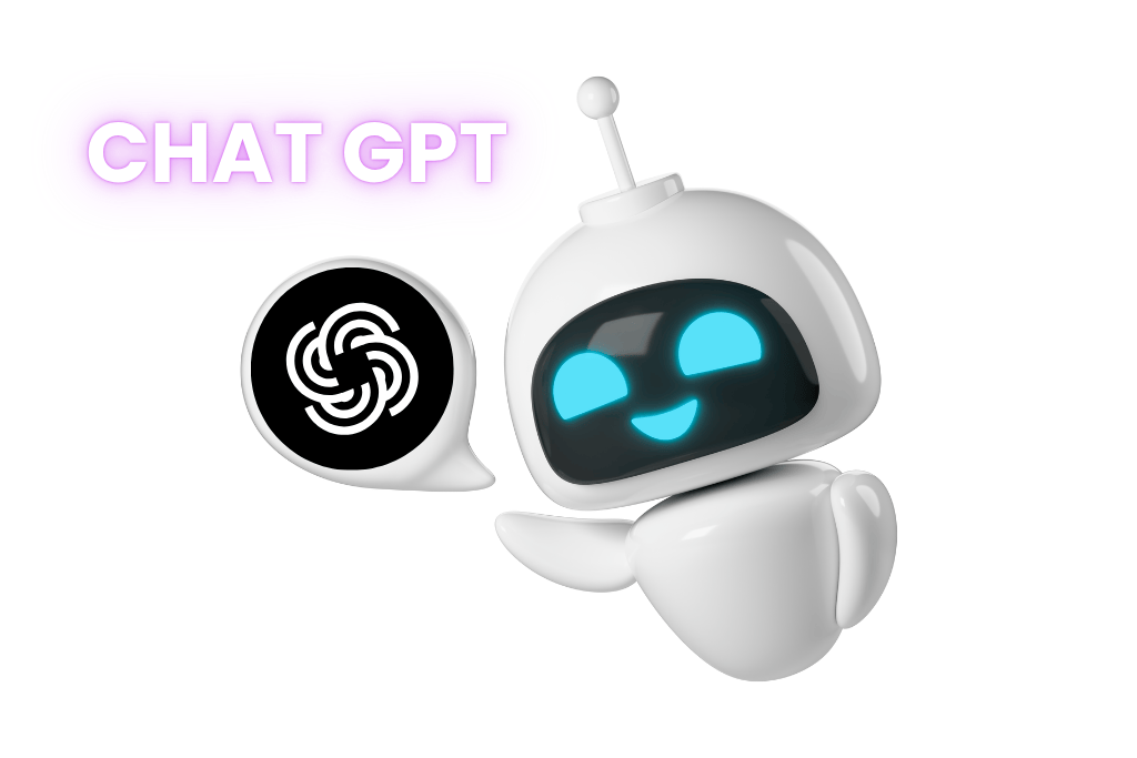 A professional 3D graphic representing the ChatGPT (OpenAI Chatbot) service. It shows a cute white robot figure with an antenna, and an adjacent speech bubble featuring the official OpenAI emblem