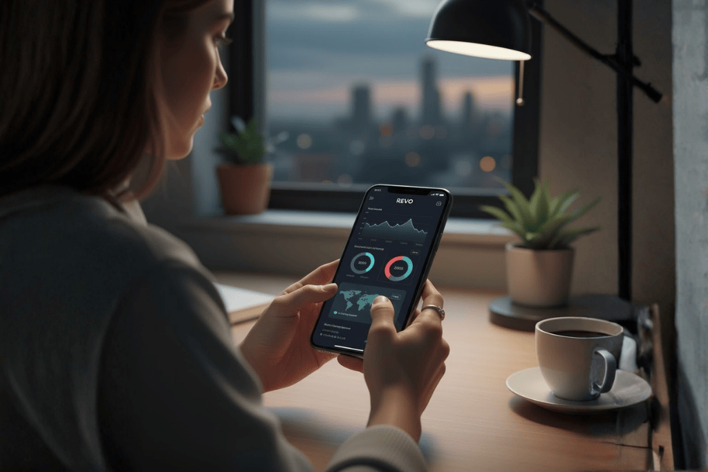 A person, seen from over their shoulder, intently using a digital banking app on a smartphone. The phone displays financial graphs and data. The setting appears to be a modern home office or workspace, with a desk lamp, a plant, and a coffee cup visible, and a city skyline through a window in the background during dusk.