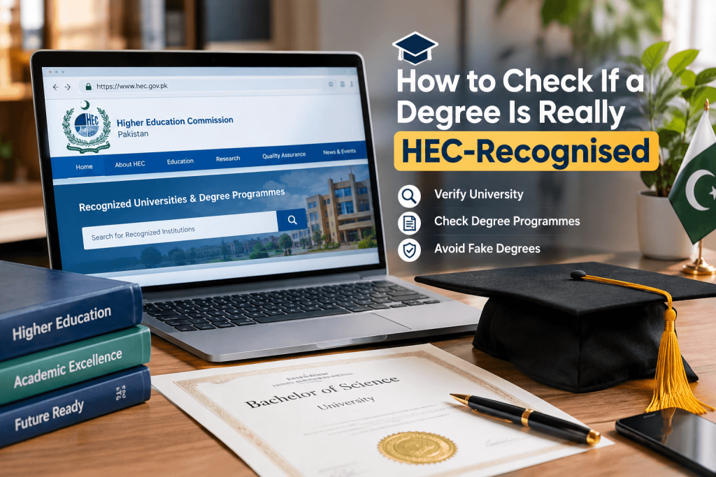 How to Check If a Degree Is Really HEC-Recognised Checking an HEC-recognised degree in Pakistan — verifying institution, campus and programme on hec.gov.pk